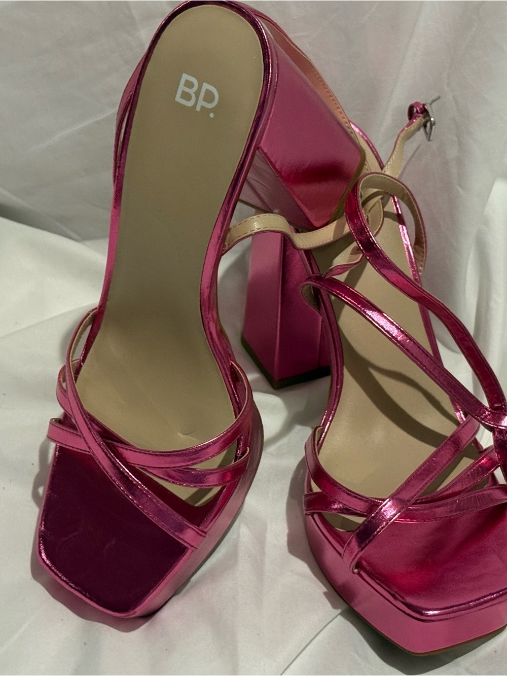 bp Shiny Hot Pink Strappy Block Heel Sandals